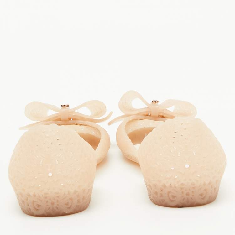 Pre Owned Salvatore Ferragamo Beige Nilly Jelly Bow Ballet Flats Size 37.5