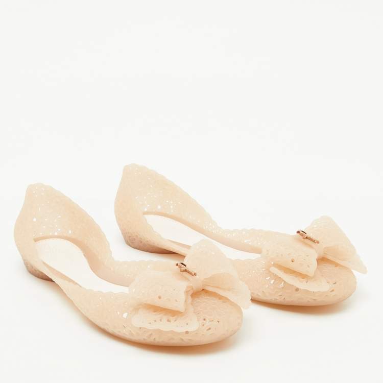 Pre Owned Salvatore Ferragamo Beige Nilly Jelly Bow Ballet Flats Size 37.5