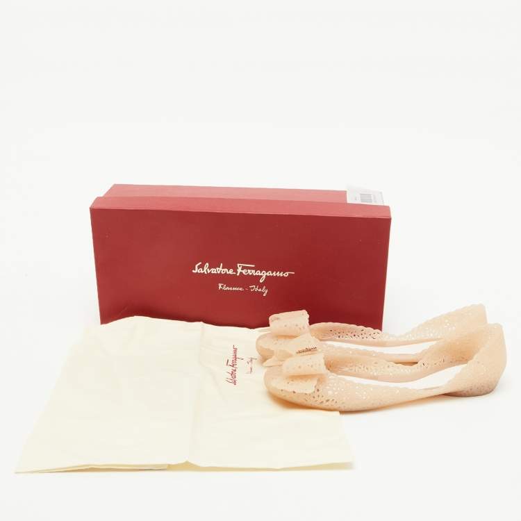 Pre Owned Salvatore Ferragamo Beige Nilly Jelly Bow Ballet Flats Size 37.5