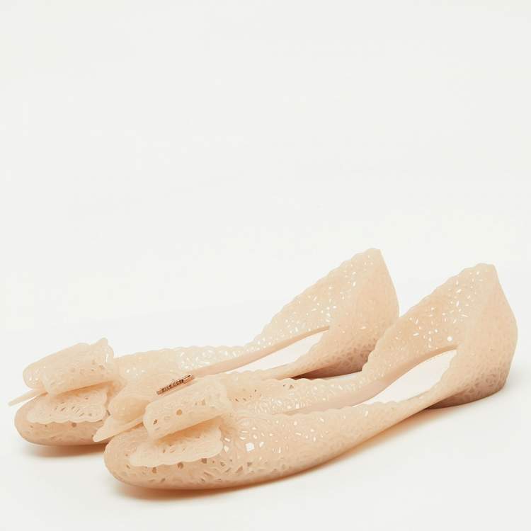 Pre Owned Salvatore Ferragamo Beige Nilly Jelly Bow Ballet Flats Size 37.5