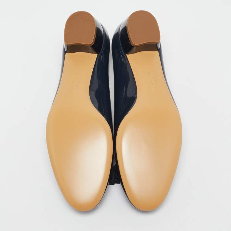 Pre Owned Salvatore Ferragamo Navy Blue Patent Leather Vara Bow Pumps Size 40