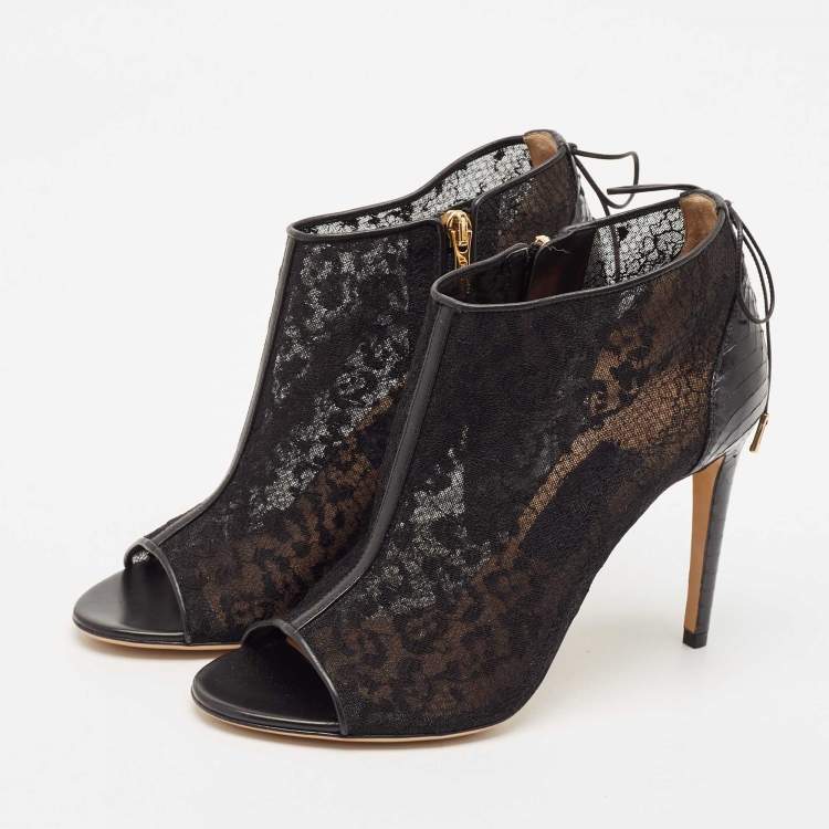 Pre Owned Salvatore Ferragamo Black Lace and Watersnake Open Toe Booties Size 38
