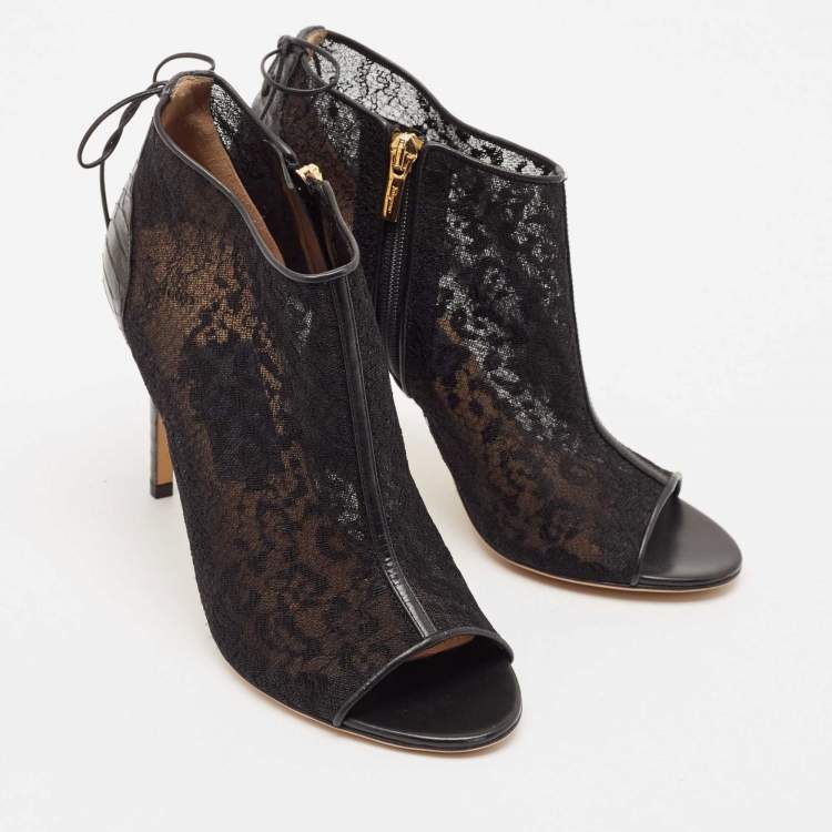 Pre Owned Salvatore Ferragamo Black Lace and Watersnake Open Toe Booties Size 38