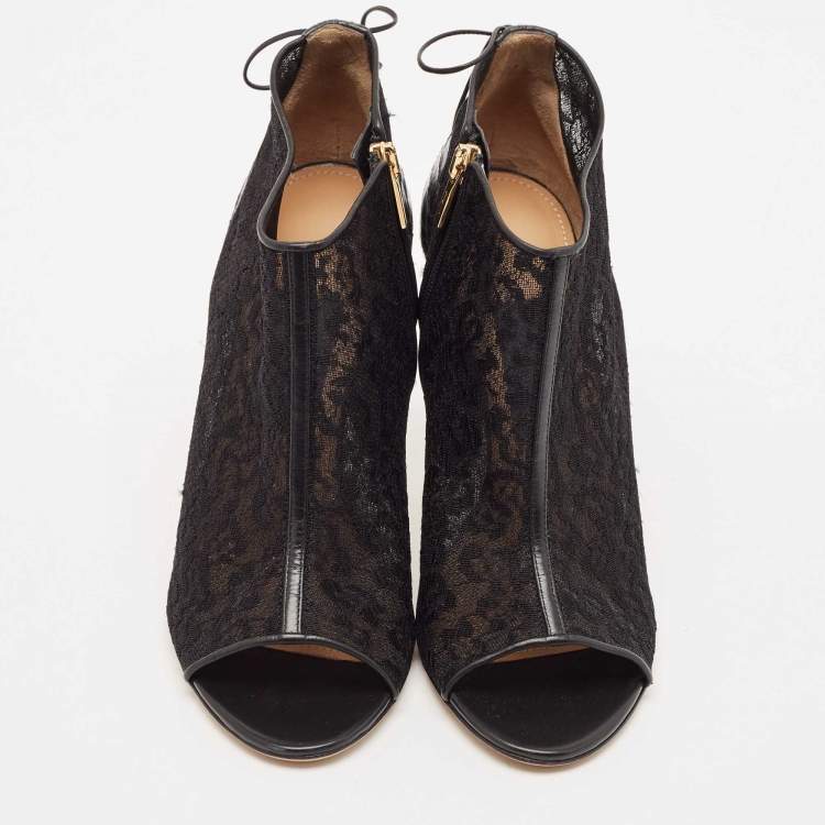 Pre Owned Salvatore Ferragamo Black Lace and Watersnake Open Toe Booties Size 38