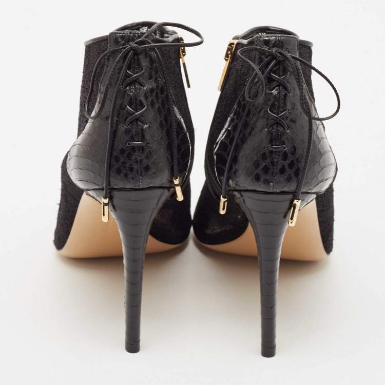 Pre Owned Salvatore Ferragamo Black Lace and Watersnake Open Toe Booties Size 38