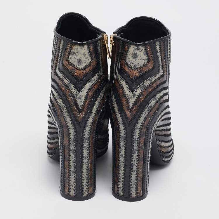 Pre Owned Salvatore Ferragamo Multicolor Printed Leather Zipped Ankle Length Boots Size 37.5