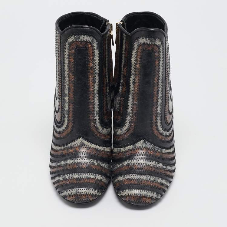 Pre Owned Salvatore Ferragamo Multicolor Printed Leather Zipped Ankle Length Boots Size 37.5