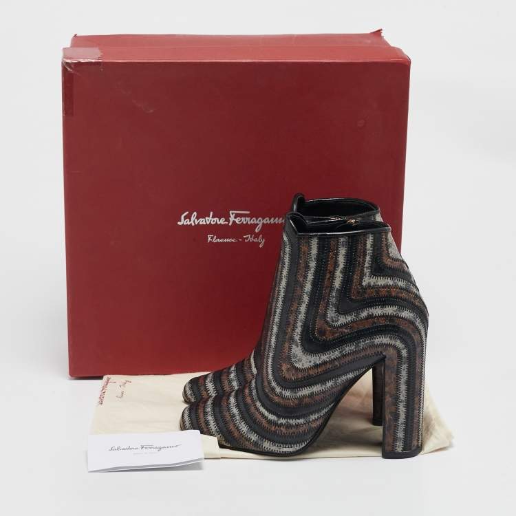 Pre Owned Salvatore Ferragamo Multicolor Printed Leather Zipped Ankle Length Boots Size 37.5