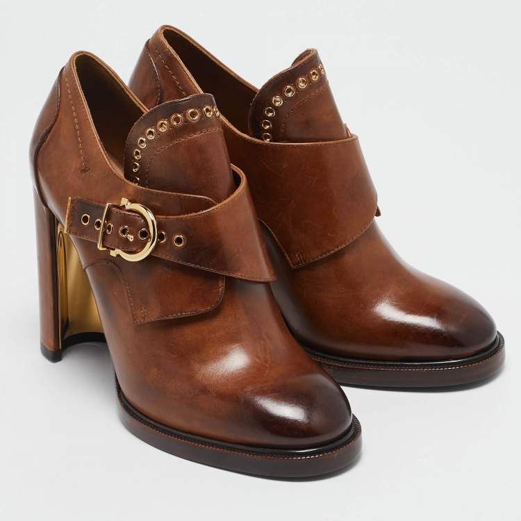 Pre Owned Salvatore Ferragamo Brown Leather Nevers Ankle Length Boots Size 39