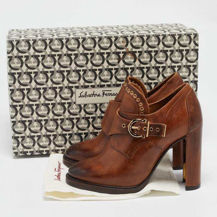 Pre Owned Salvatore Ferragamo Brown Leather Nevers Ankle Length Boots Size 39