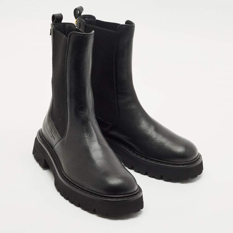 Pre Owned Salvatore Ferragamo Black Leather Oderico Ankle Boots Size 39.5