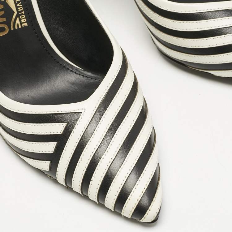 Pre Owned Salvatore Ferragamo Black/White Leather Susi Graph Pumps Size 38