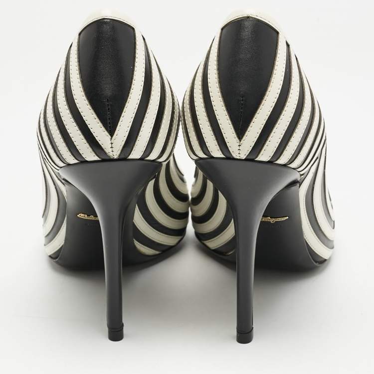 Pre Owned Salvatore Ferragamo Black/White Leather Susi Graph Pumps Size 38