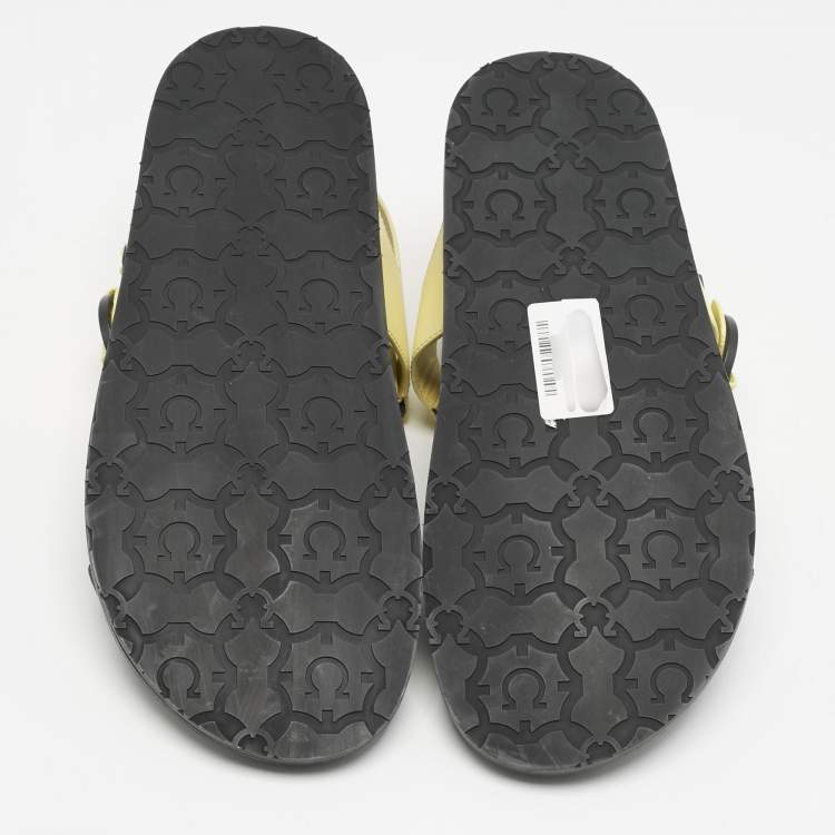 Pre Owned Salvatore Ferragamo Yellow/Black Leather and Canvas Aja Flat Sandals Size 40.5