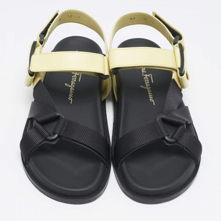 Pre Owned Salvatore Ferragamo Yellow/Black Leather and Canvas Aja Flat Sandals Size 40.5