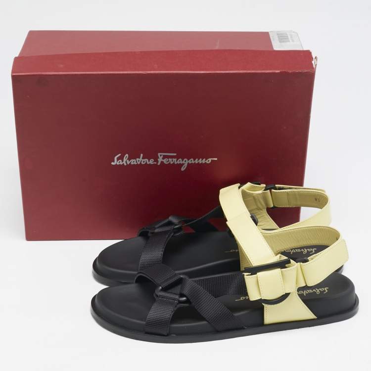 Pre Owned Salvatore Ferragamo Yellow/Black Leather and Canvas Aja Flat Sandals Size 40.5