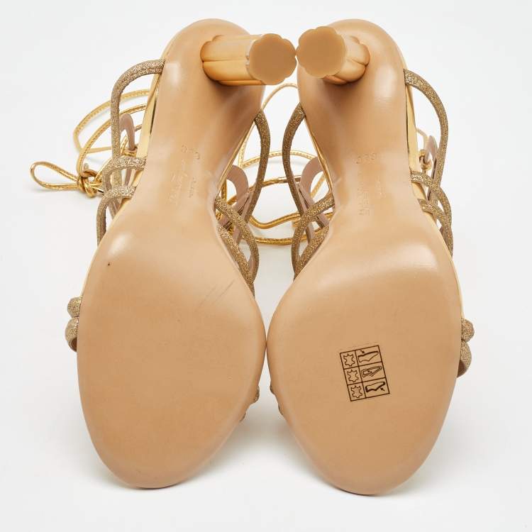 Pre Owned Salvatore Ferragamo Gold Glitter and Leather Cut Out Ankle Wrap Sandals Size 37