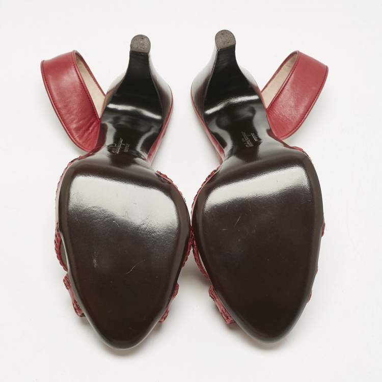 Pre Owned Salvatore Ferragamo Red Leather Peep Toe Slingback Pumps Size 40