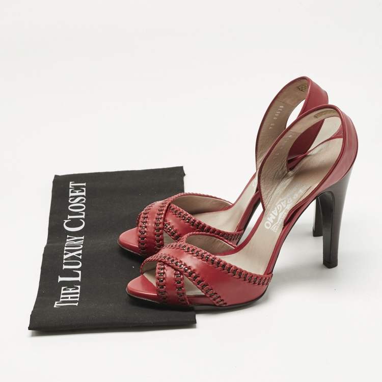 Pre Owned Salvatore Ferragamo Red Leather Peep Toe Slingback Pumps Size 40