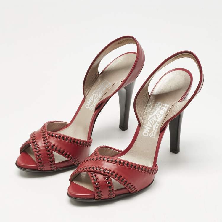 Pre Owned Salvatore Ferragamo Red Leather Peep Toe Slingback Pumps Size 40