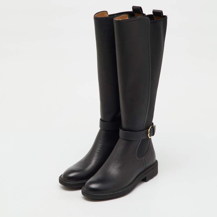 Pre Owned Salvatore Ferragamo Black Leather and Stretch Fabric Furseo Knee Length Boots Size 36.5