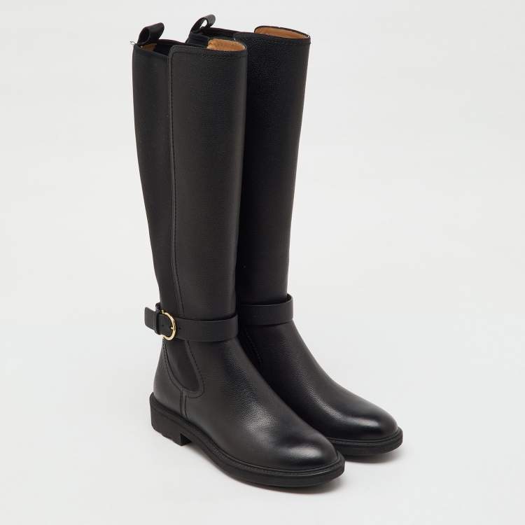 Pre Owned Salvatore Ferragamo Black Leather and Stretch Fabric Furseo Knee Length Boots Size 36.5