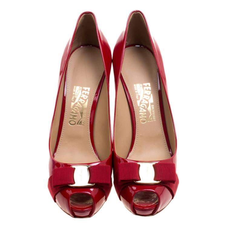 Pre Owned Salvatore Ferragamo Red Patent Leather Plum Peep Toe Platform Pumps Size 40.5