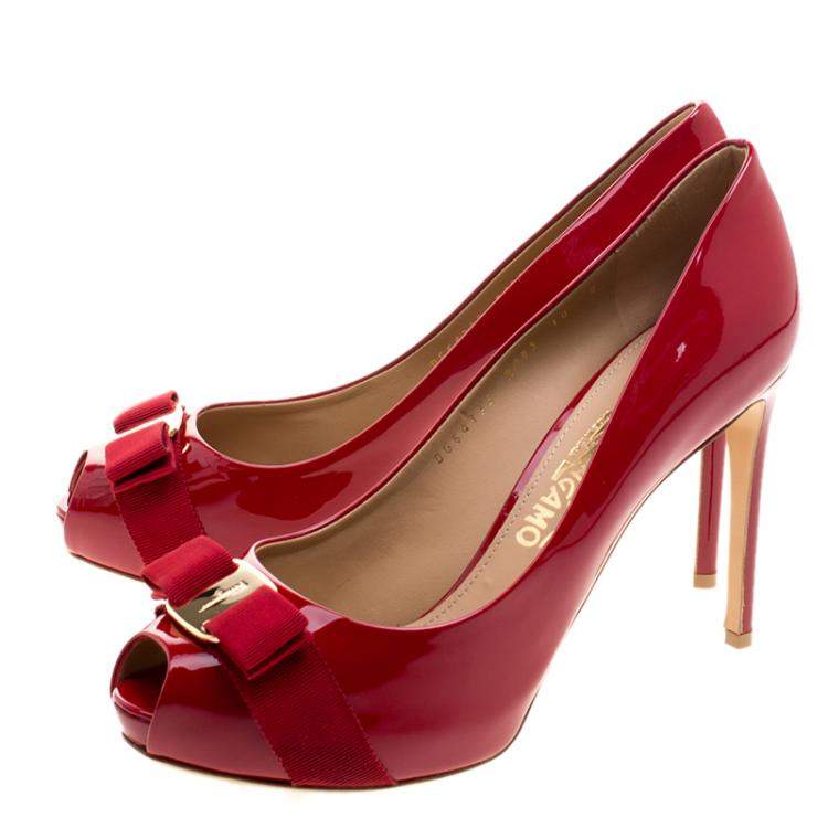 Pre Owned Salvatore Ferragamo Red Patent Leather Plum Peep Toe Platform Pumps Size 40.5