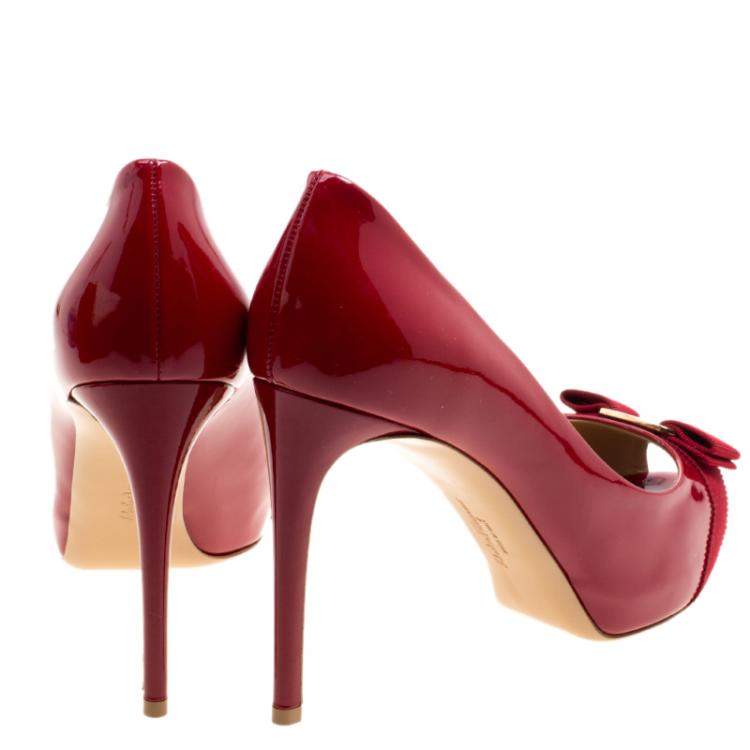 Pre Owned Salvatore Ferragamo Red Patent Leather Plum Peep Toe Platform Pumps Size 40.5
