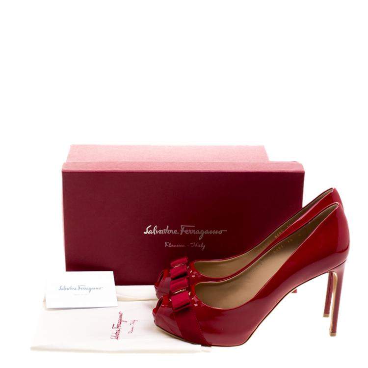 Pre Owned Salvatore Ferragamo Red Patent Leather Plum Peep Toe Platform Pumps Size 40.5
