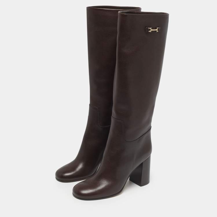 Pre Owned Salvatore Ferragamo Brown Leather Ovidio Knee Length Boots Size 37.5