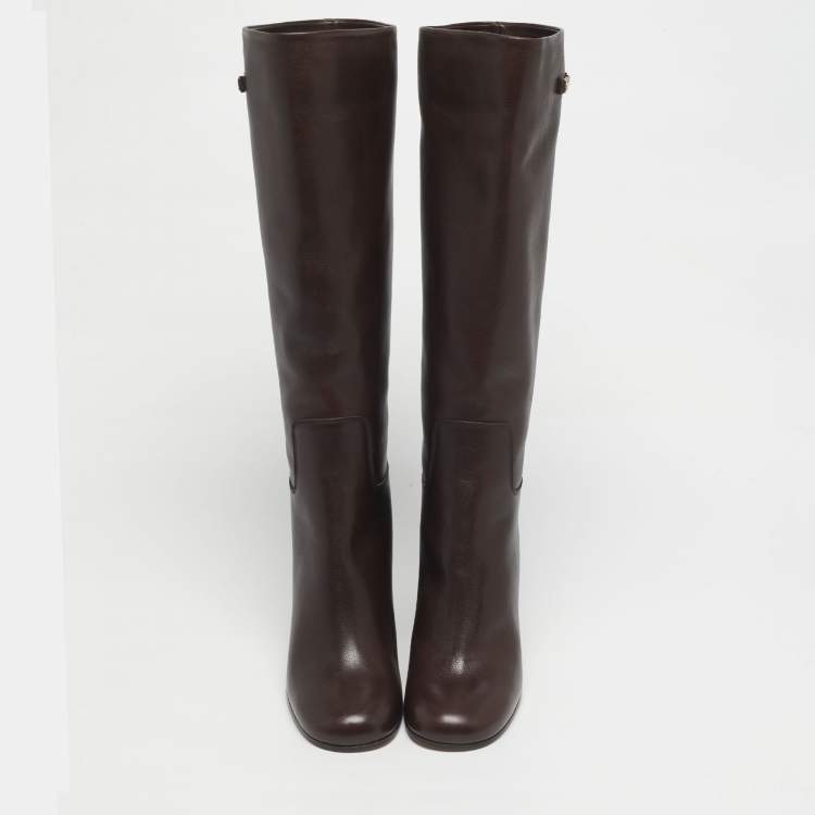 Pre Owned Salvatore Ferragamo Brown Leather Ovidio Knee Length Boots Size 37.5