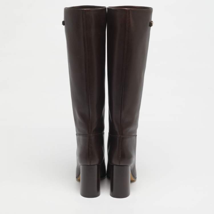 Pre Owned Salvatore Ferragamo Brown Leather Ovidio Knee Length Boots Size 37.5