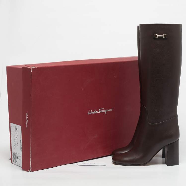 Pre Owned Salvatore Ferragamo Brown Leather Ovidio Knee Length Boots Size 37.5