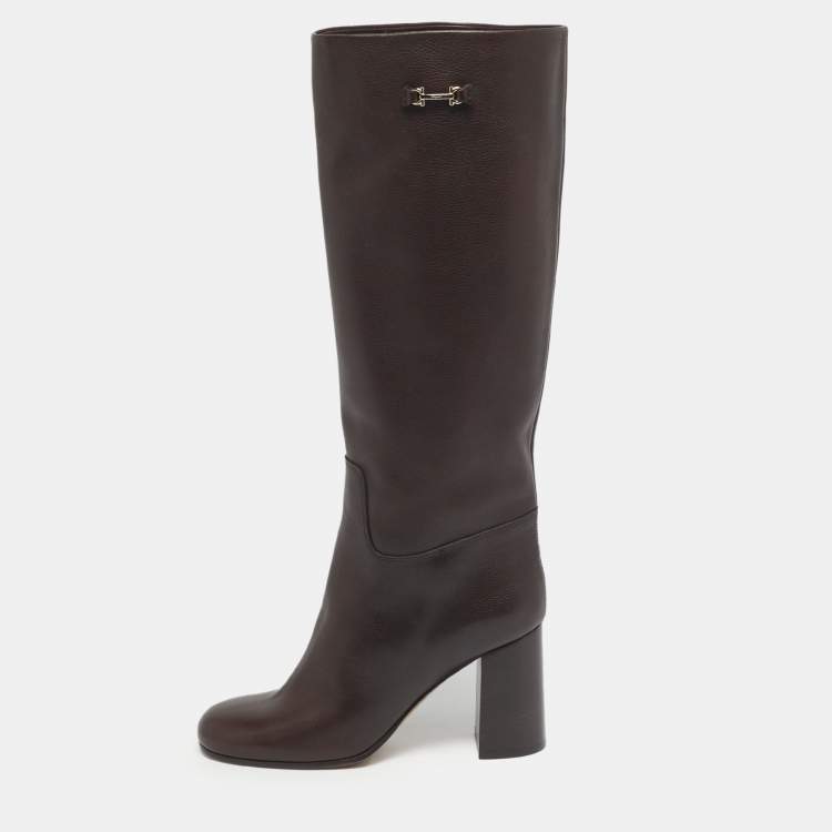Pre Owned Salvatore Ferragamo Brown Leather Ovidio Knee Length Boots Size 37.5