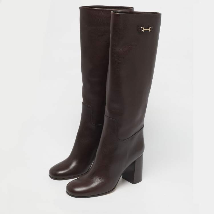 Pre Owned Salvatore Ferragamo Brown Leather Ovidio Knee Length Boots Size 40.5