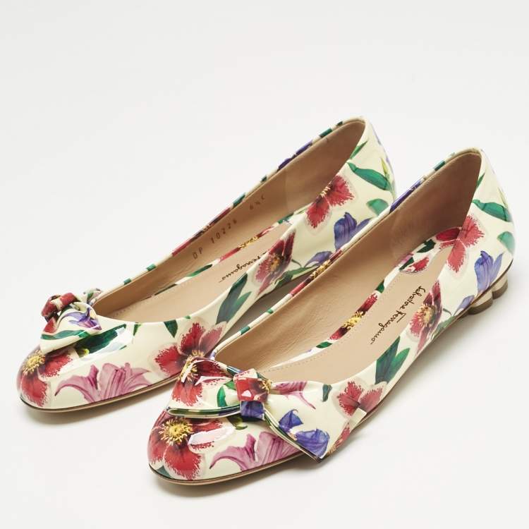Pre Owned Salvatore Ferragamo Multicolor Patent Leather Floral Avola Ballet Flats Size 37