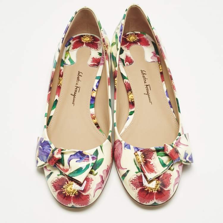 Pre Owned Salvatore Ferragamo Multicolor Patent Leather Floral Avola Ballet Flats Size 37