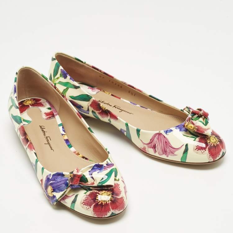 Pre Owned Salvatore Ferragamo Multicolor Patent Leather Floral Avola Ballet Flats Size 37
