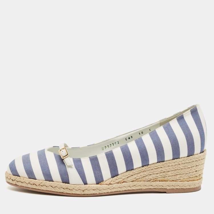 Pre Owned Salvatore Ferragamo Blue/White Striped Fabric Audrey Wedge Espadrille Pumps Size 40.5