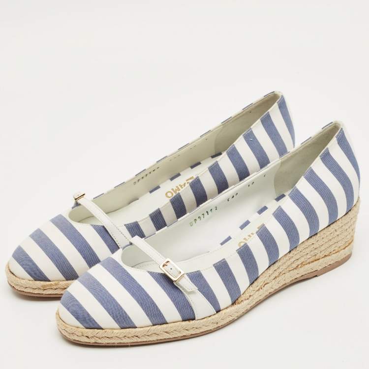 Pre Owned Salvatore Ferragamo Blue/White Striped Fabric Audrey Wedge Espadrille Pumps Size 40.5