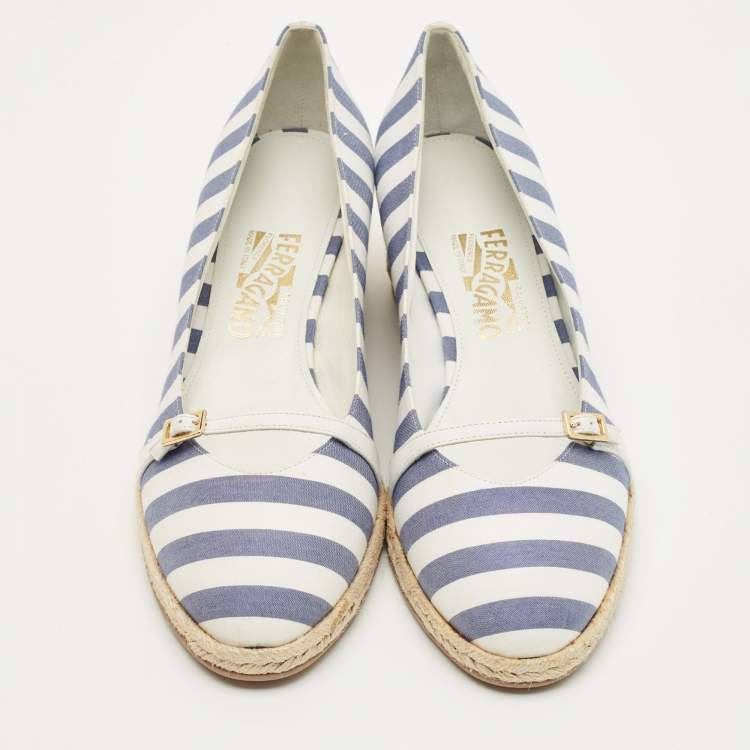 Pre Owned Salvatore Ferragamo Blue/White Striped Fabric Audrey Wedge Espadrille Pumps Size 40.5