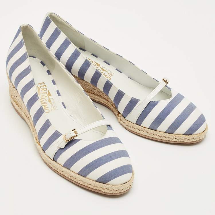 Pre Owned Salvatore Ferragamo Blue/White Striped Fabric Audrey Wedge Espadrille Pumps Size 40.5
