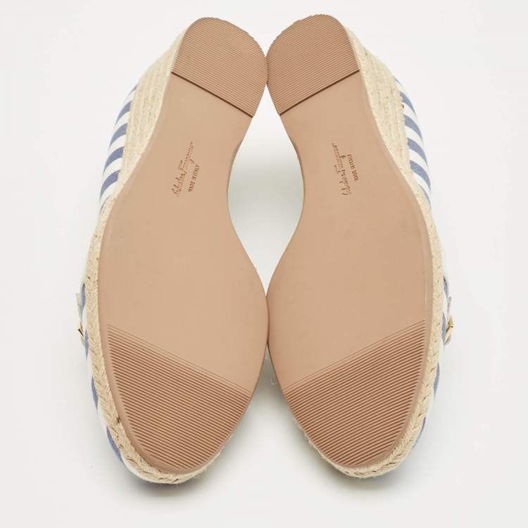 Pre Owned Salvatore Ferragamo Blue/White Striped Fabric Audrey Wedge Espadrille Pumps Size 40.5