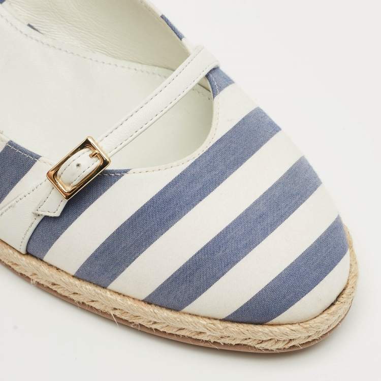 Pre Owned Salvatore Ferragamo Blue/White Striped Fabric Audrey Wedge Espadrille Pumps Size 40.5