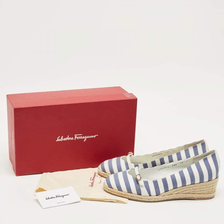 Pre Owned Salvatore Ferragamo Blue/White Striped Fabric Audrey Wedge Espadrille Pumps Size 40.5