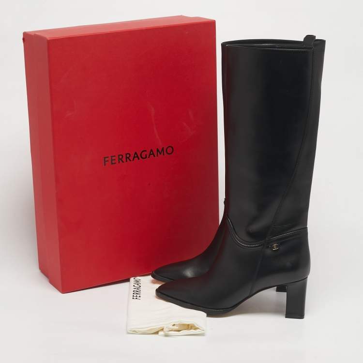 Pre Owned Salvatore Ferragamo Black Leather Torris Knee Length Boots Size 39.5