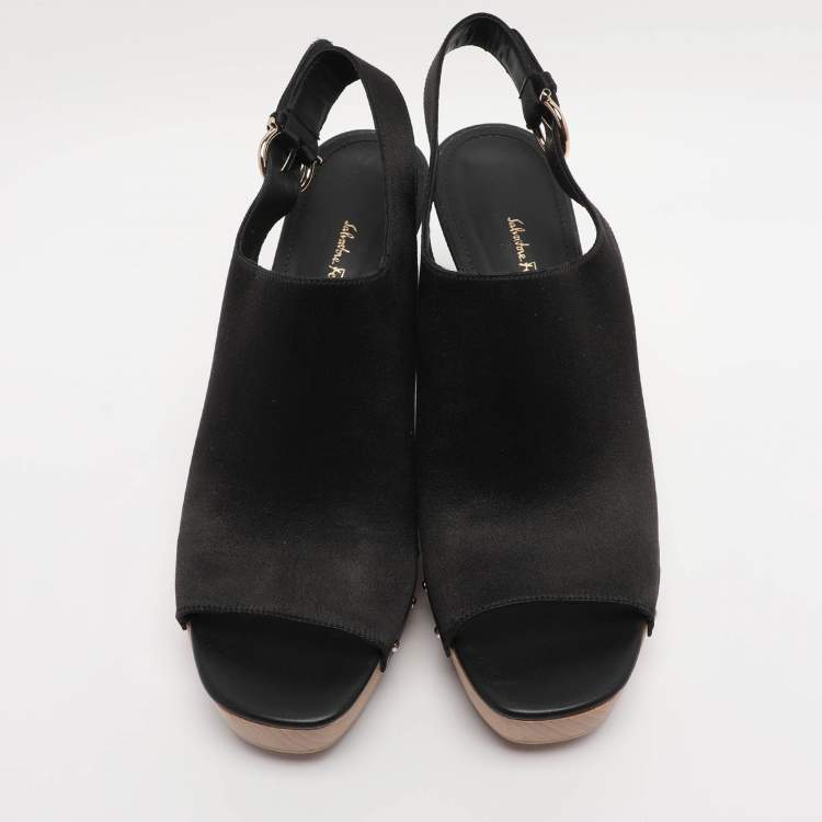 Pre Owned Salvatore Ferragamo Black Satin Wedge Slingback Sandals Size 40.5