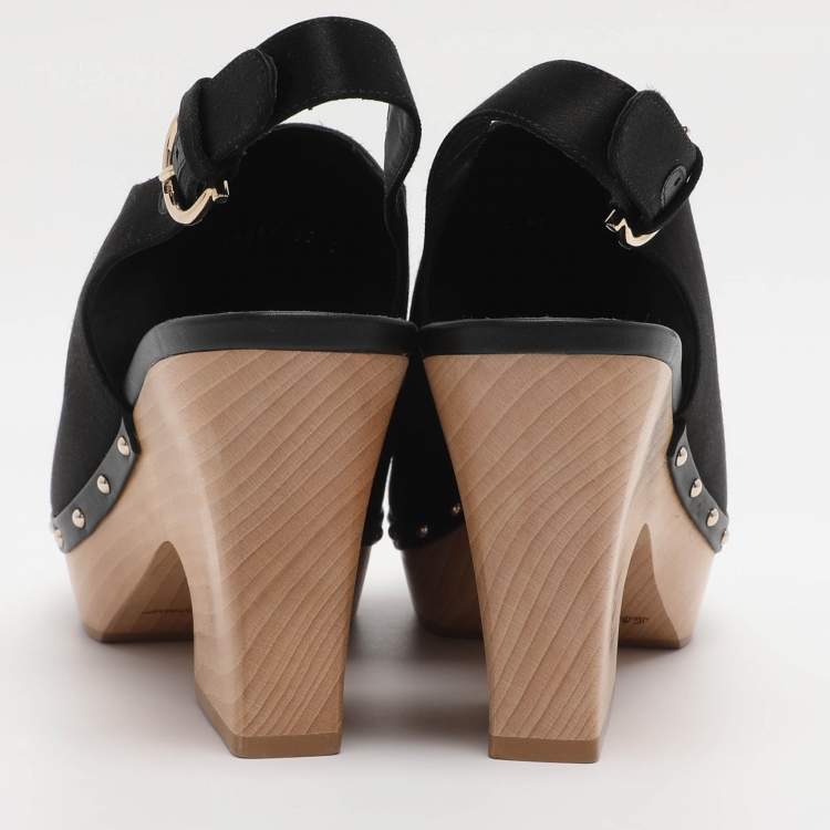 Pre Owned Salvatore Ferragamo Black Satin Wedge Slingback Sandals Size 40.5