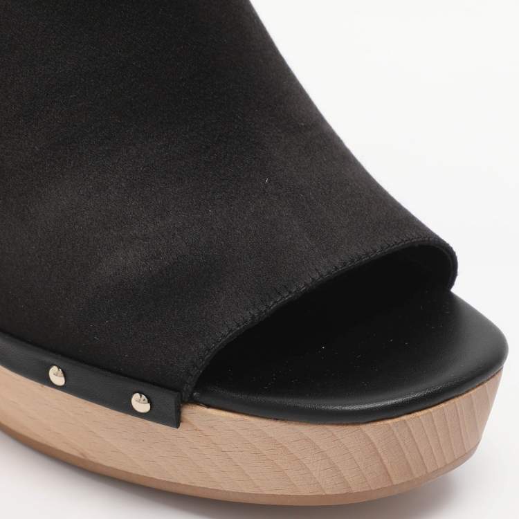 Pre Owned Salvatore Ferragamo Black Satin Wedge Slingback Sandals Size 40.5